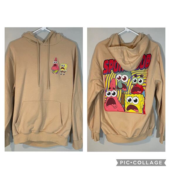 Nickelodeon SpongeBob Patrick Sweatshirt Hoodie Beige Medium Large Back Logo - Picture 1 of 8